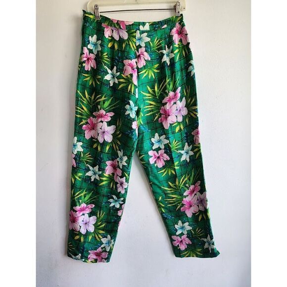 Anne Carson Women Green w/Multicolor Floral 100% Silk Trouser Pants size 8 - Picture 1 of 7